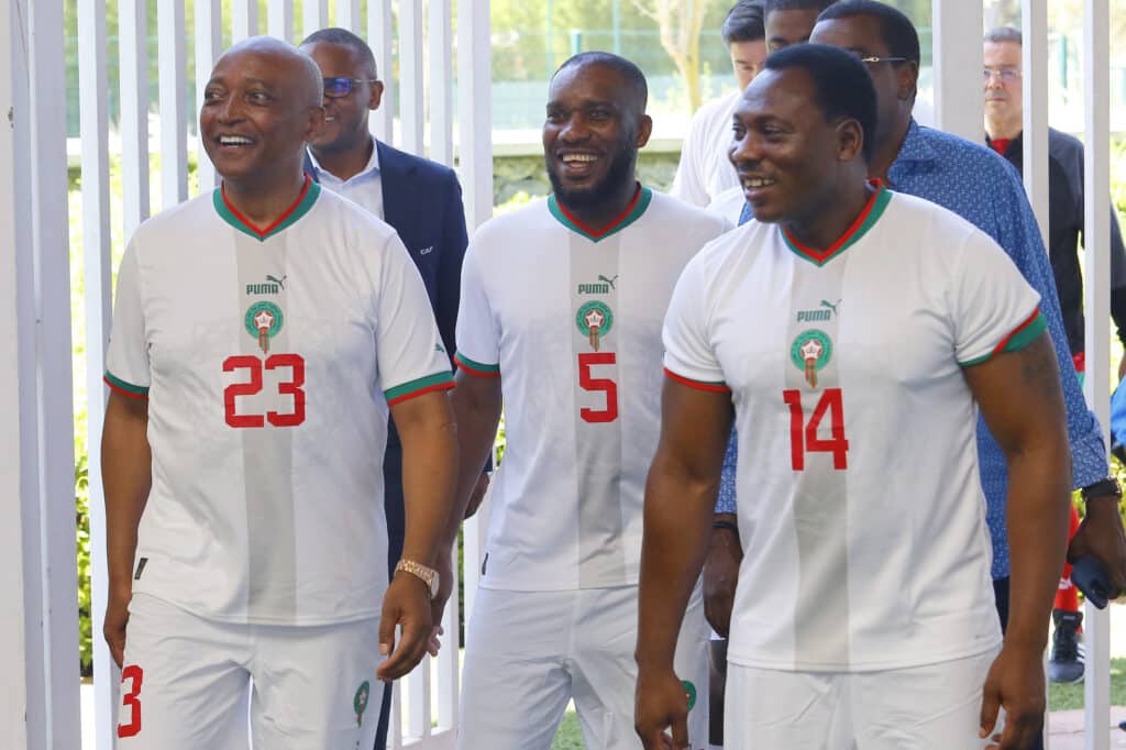 Jay Jay Okocha with CAF President Patrice Motsepe and Daniel Amokachi during the 2023 U23 Africa Cup of Nations CAF Legends match