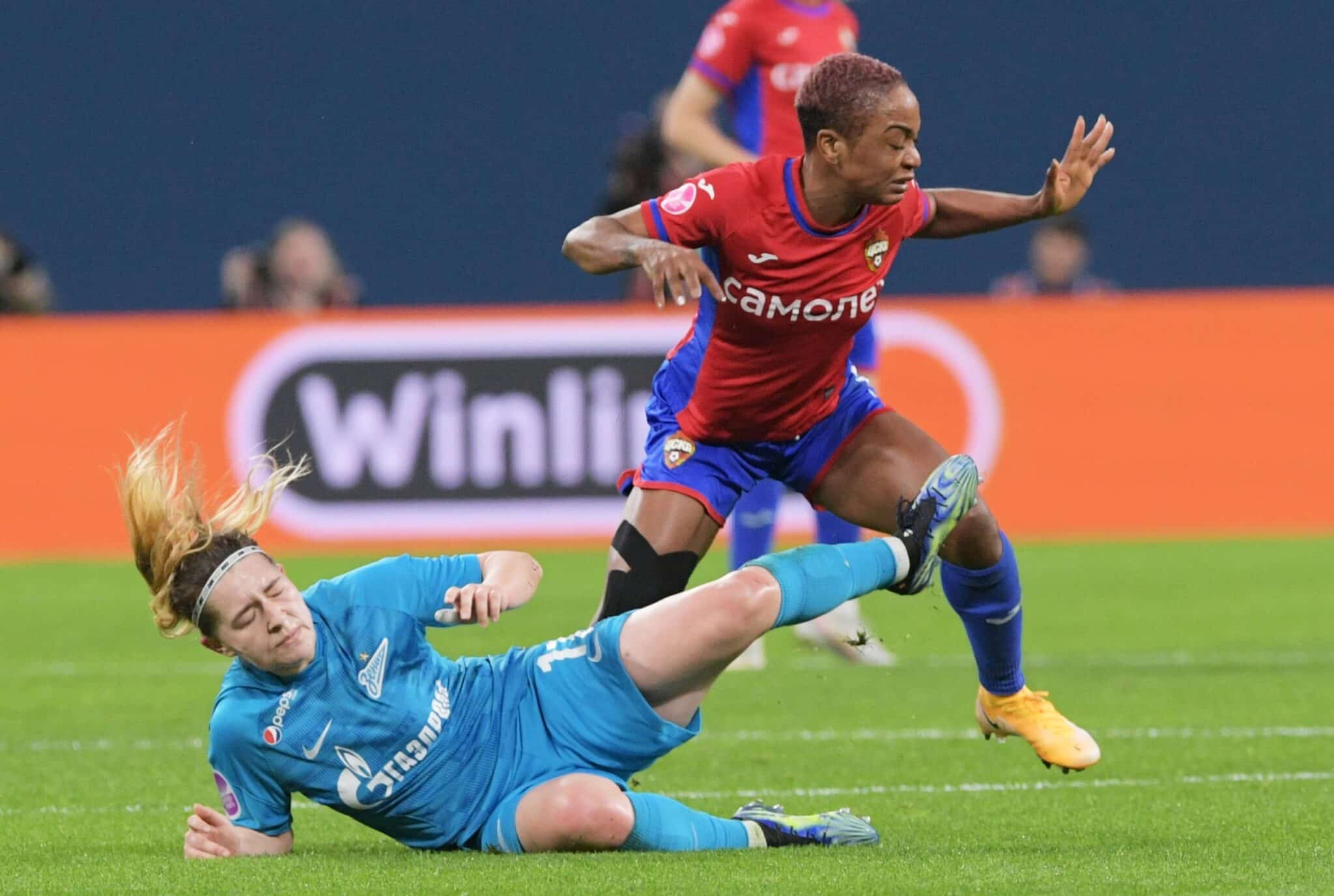 Super Falcons' Francisca Ordega challenges for the ball