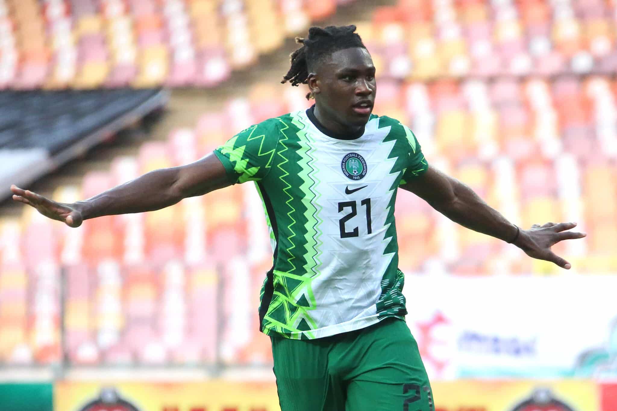 Calvin Bassey celebrates for the Nigeria Super Eagles