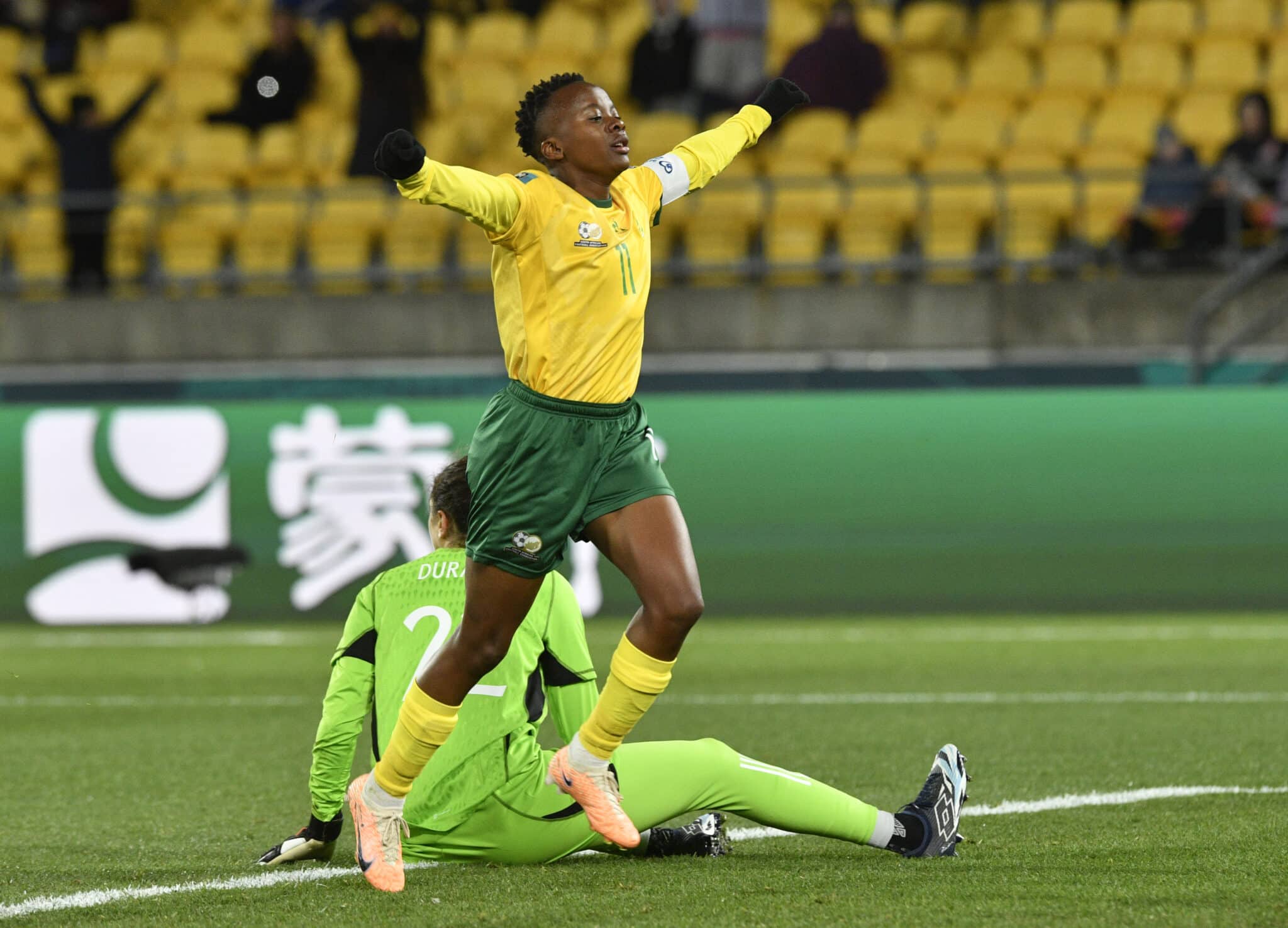 Captain Thembi Kgatlana celebrates scoring the winner for Banyana Banyana to send them into the round of 16.