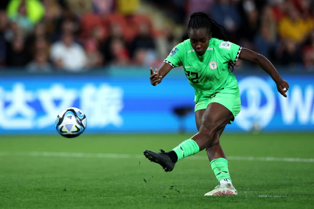 Nigeria's Michelle Alozie attempts a penalty shot 
