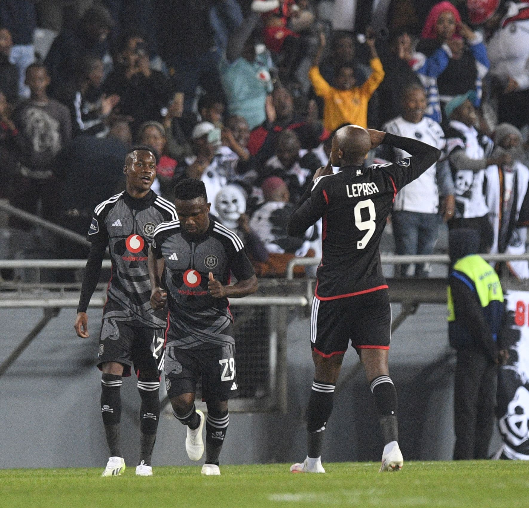 Zakhele Lepasa with his teammates at Orlando Pirates