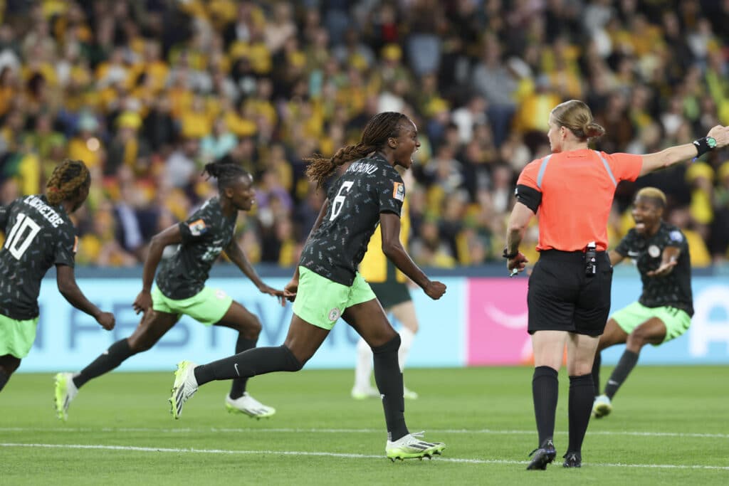 Super Falcons celebrate scoring a famous World Cup goal