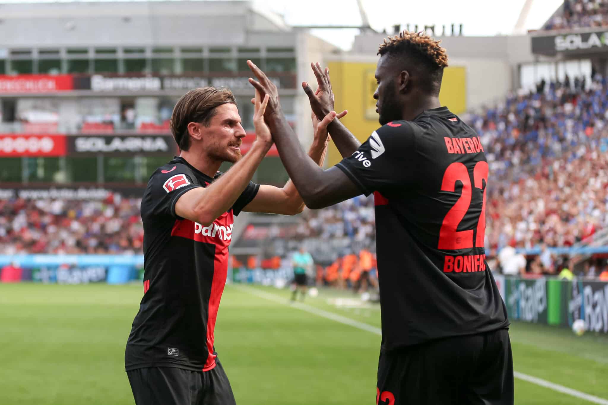 Victor Boniface (Bayer 04 Leverkusen) celebrates after scoring