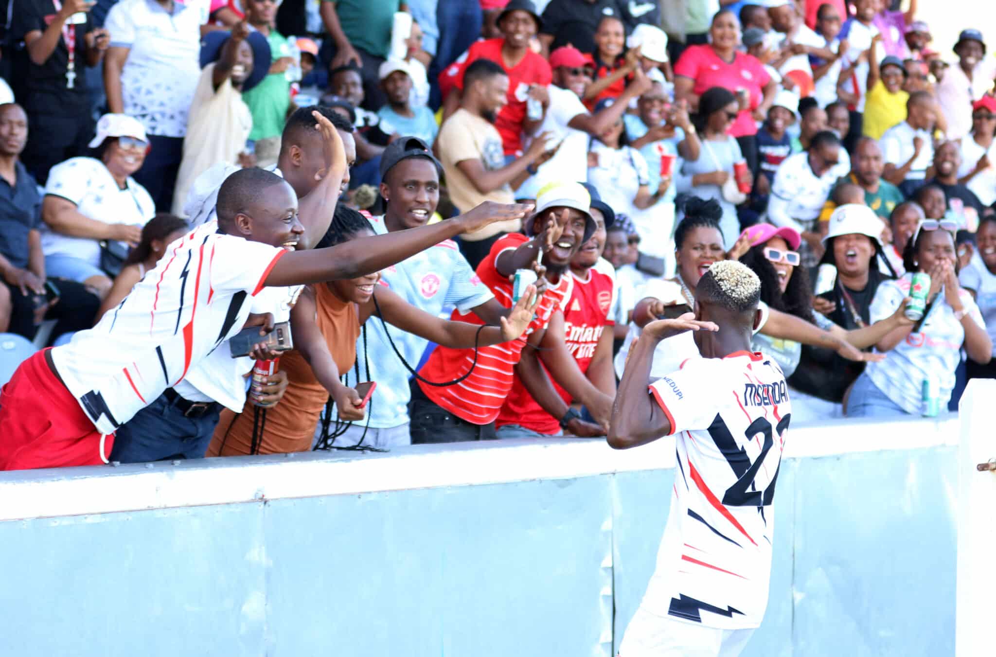 Daniel Msendami of Jwaneng Galaxy celebrates his goal with fans during the CAF Champions League 2023/24 game between Jwaneng Galaxy and Orlando Pirates