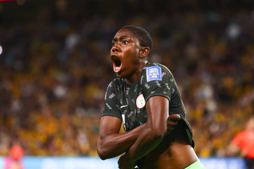 Asisat Oshoala celebrating during the World Cup
