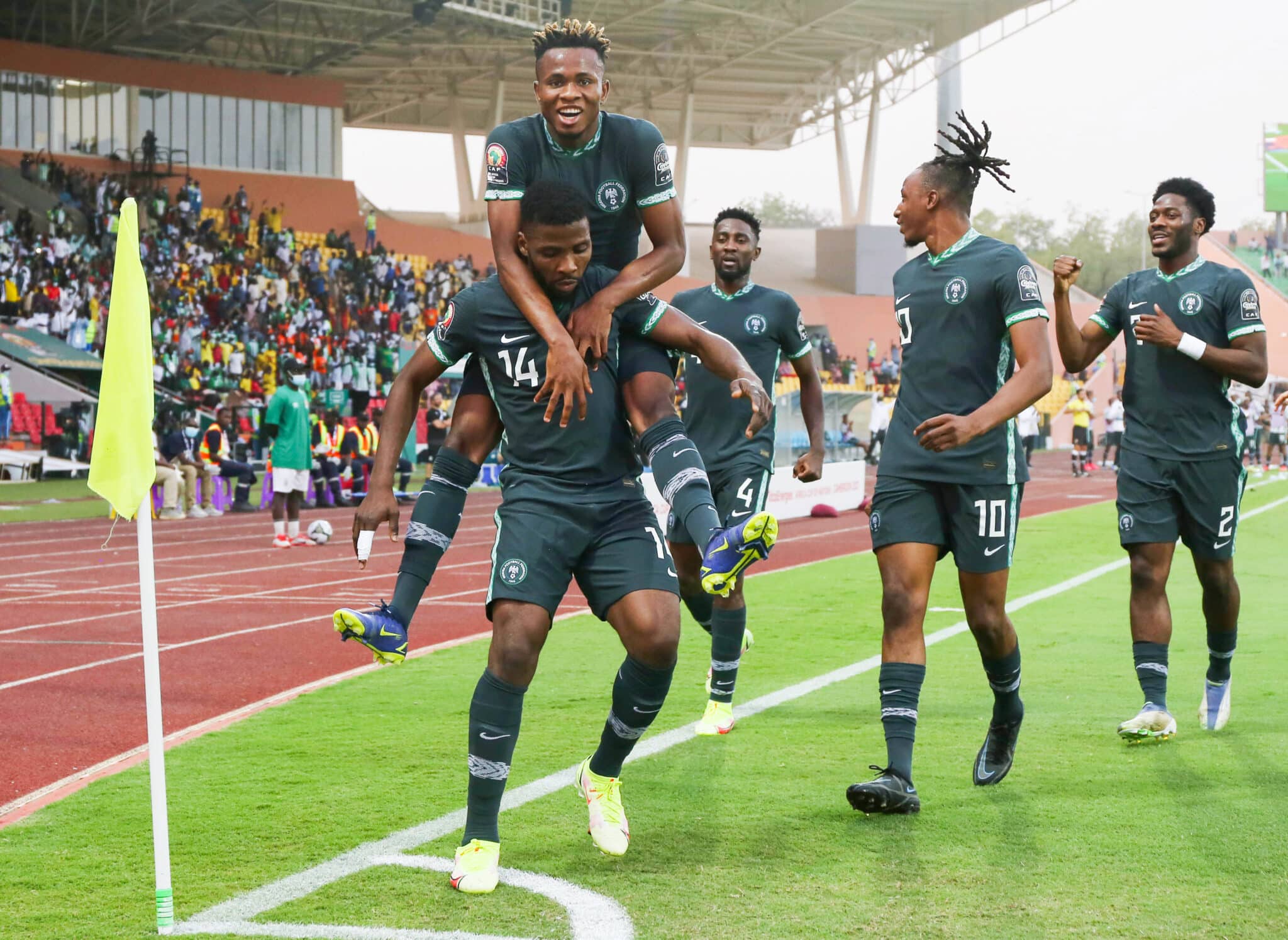 Super Eagles players celebrate goal during the 2021 Africa Cup of Nations Afcon Finals match