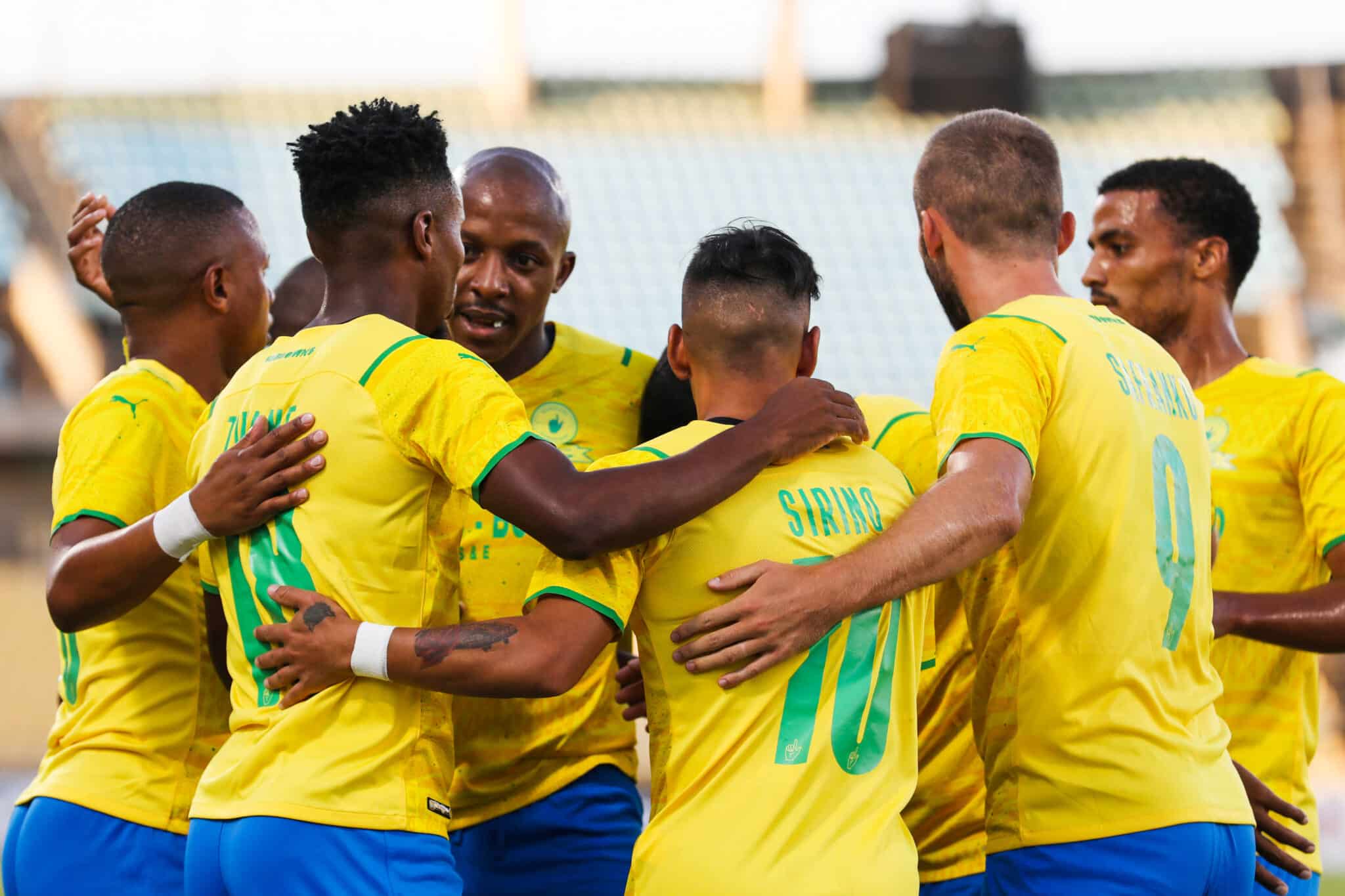 Themba Zwane of Mamelodi Sundowns celebrates goal with teammates during the CAF Champions League 21/22