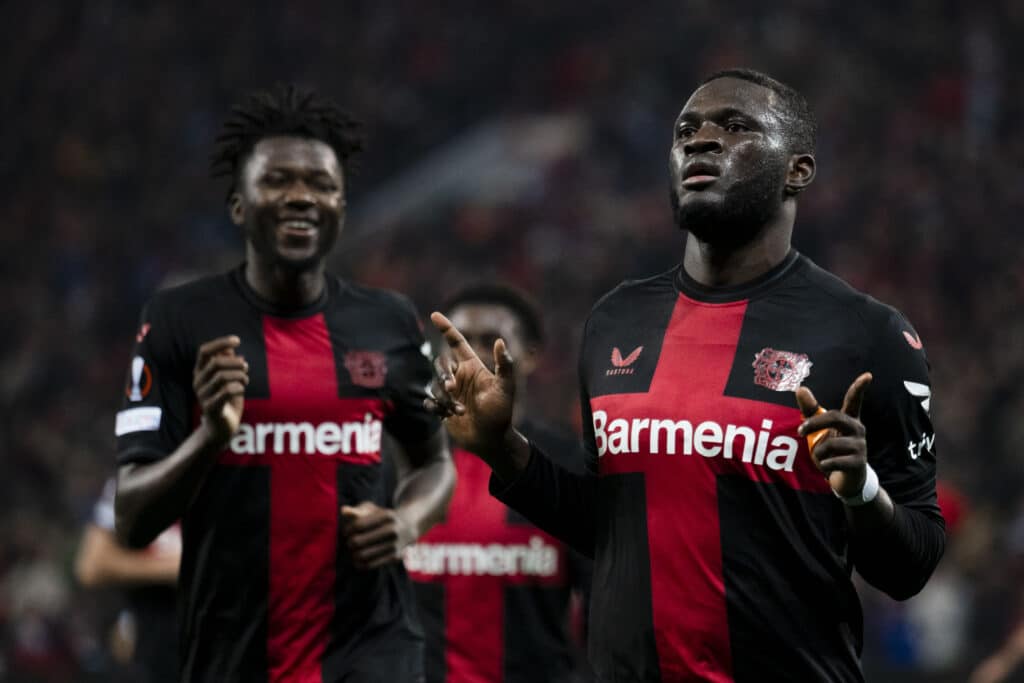 Victor Boniface leads Europe with 12 take-ons, outshining Rashford 1 Leverkusen's goal scorer Victor Boniface celebrating