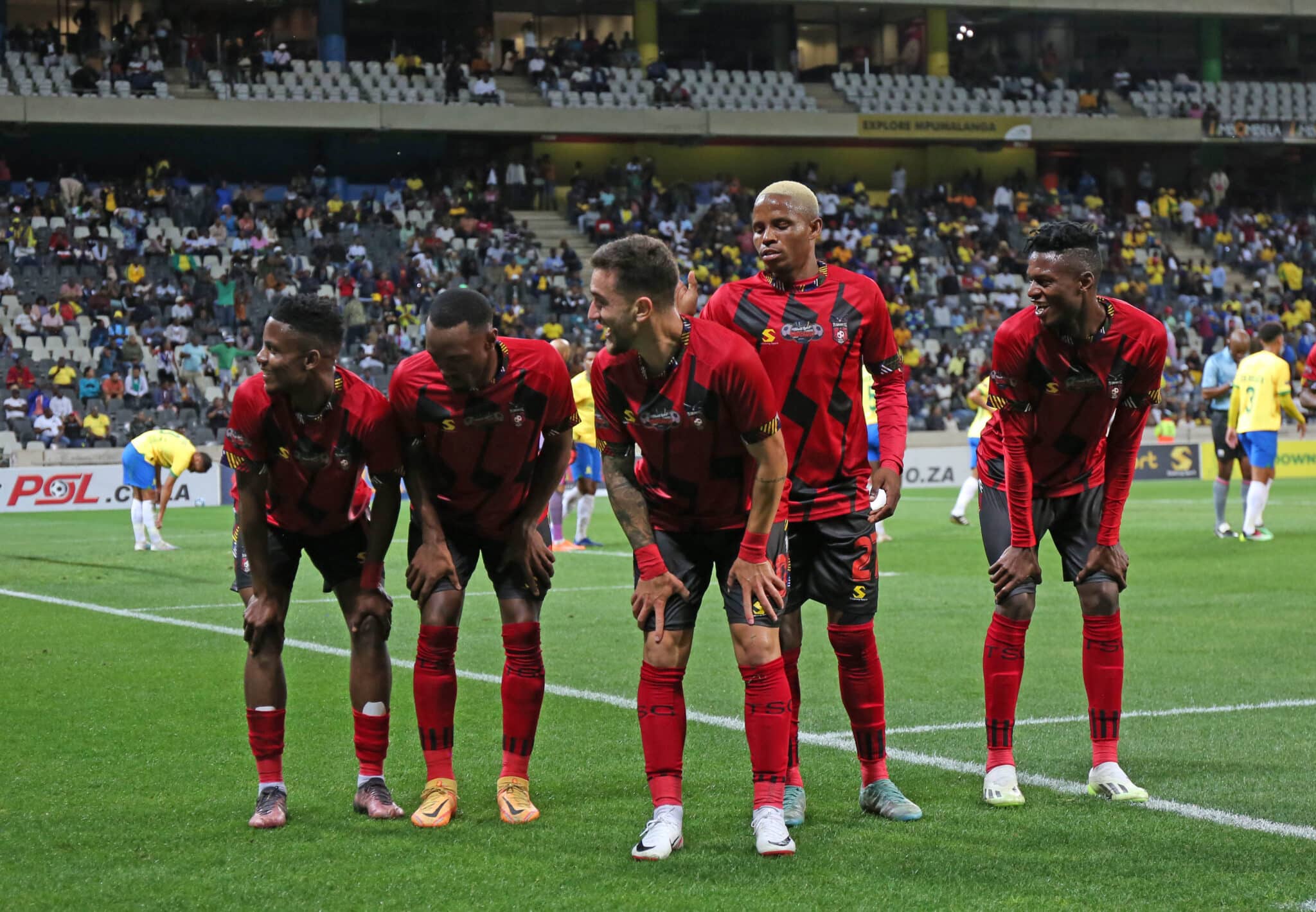 TS Galaxy players celebrating a goal against Mamelodi Sundowns
