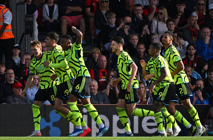 Arsenal players celebrate goal ahead of UCL clash with Lens