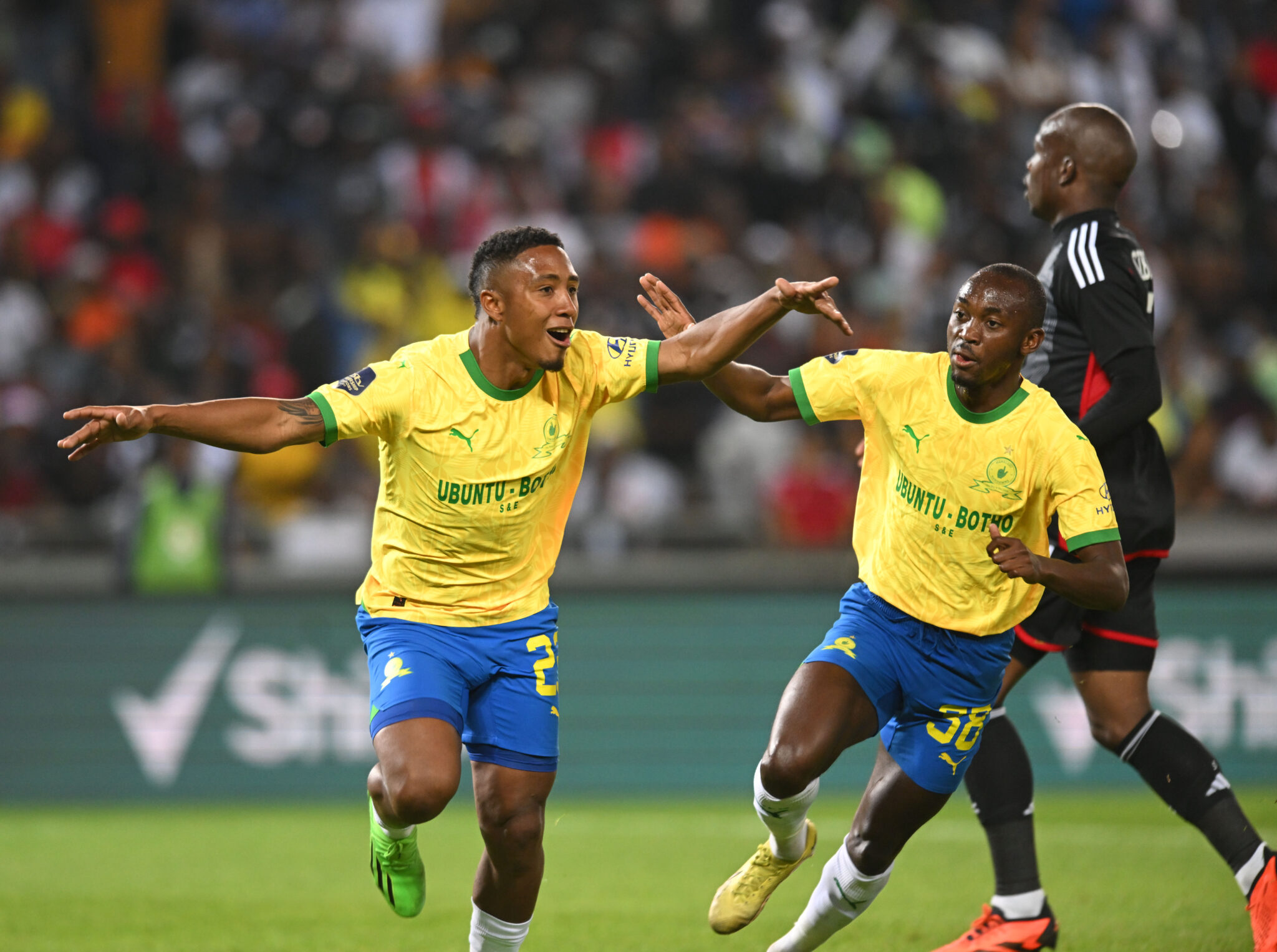 Lucas Ribeiro and Peter Shalulile celebrate goal for Mamelodi Sundowns