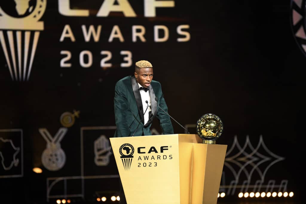 Victor Osimhen of Nigeria wins player of the year during the 2023 CAF Awards held in Marrakech