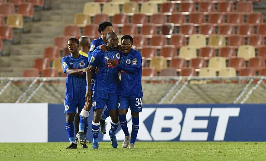 SuperSport United players celebrate scoring a goal
