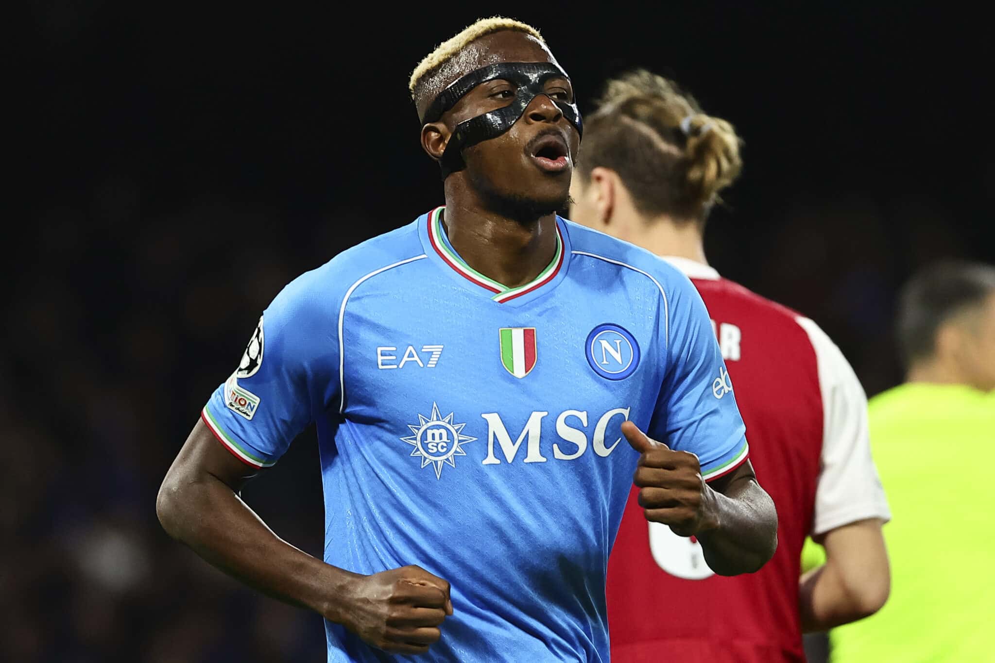 Victor Osimhen celebrates scoring his first UCL 2023-24 goal for Napoli