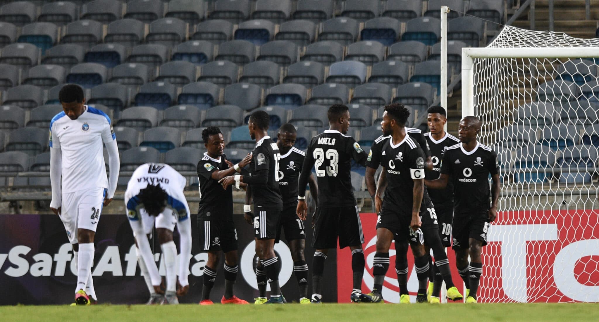 Orlando Pirates vs TS Galaxy Deon Hotto celebrates goal with teammates