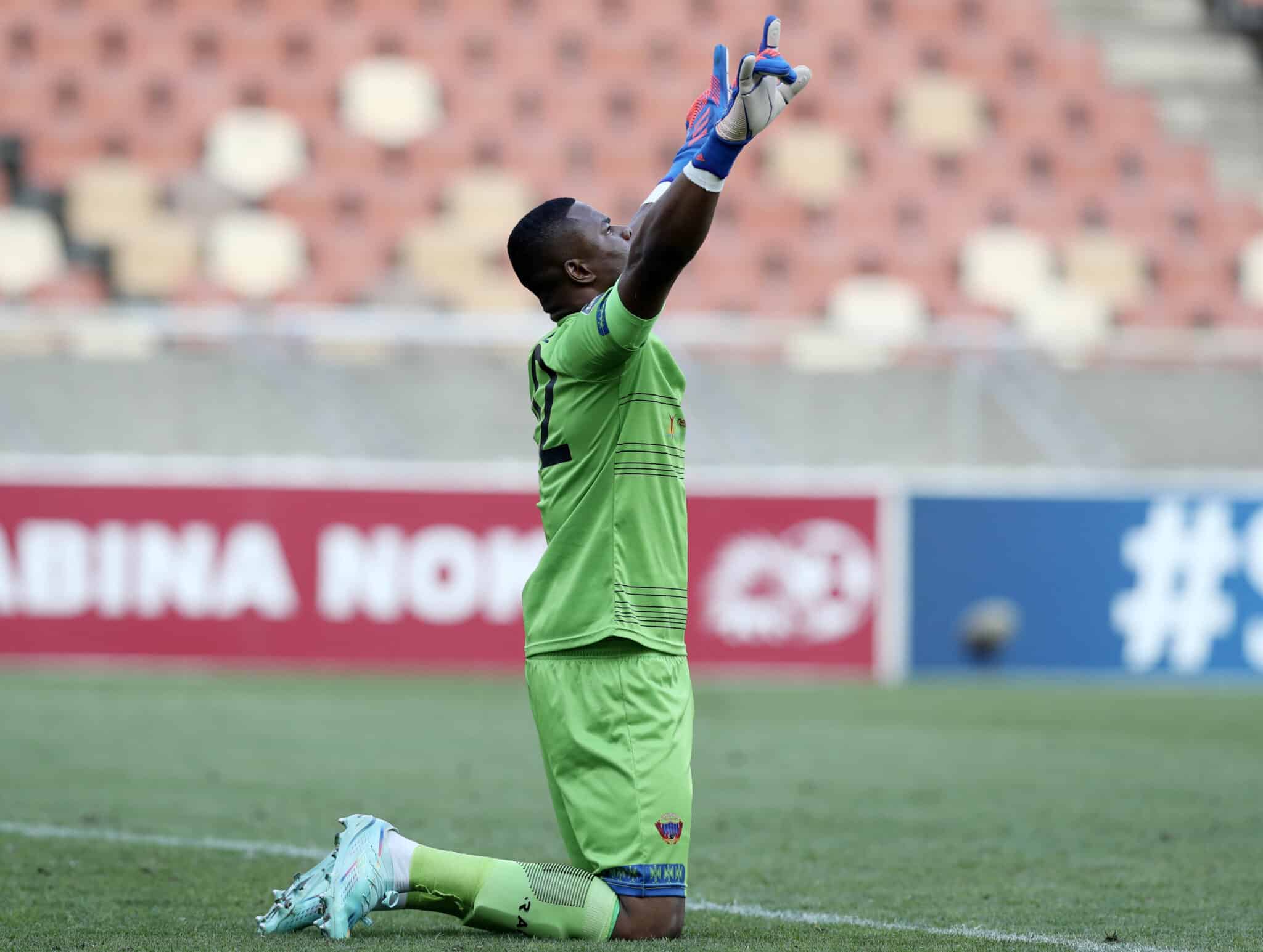 Chippa United goalkeeper Stanley Nwabali reacts after saving a penalty 