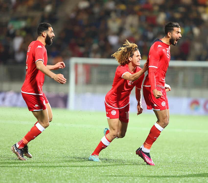 Tunisia players celebrate scoring a goal