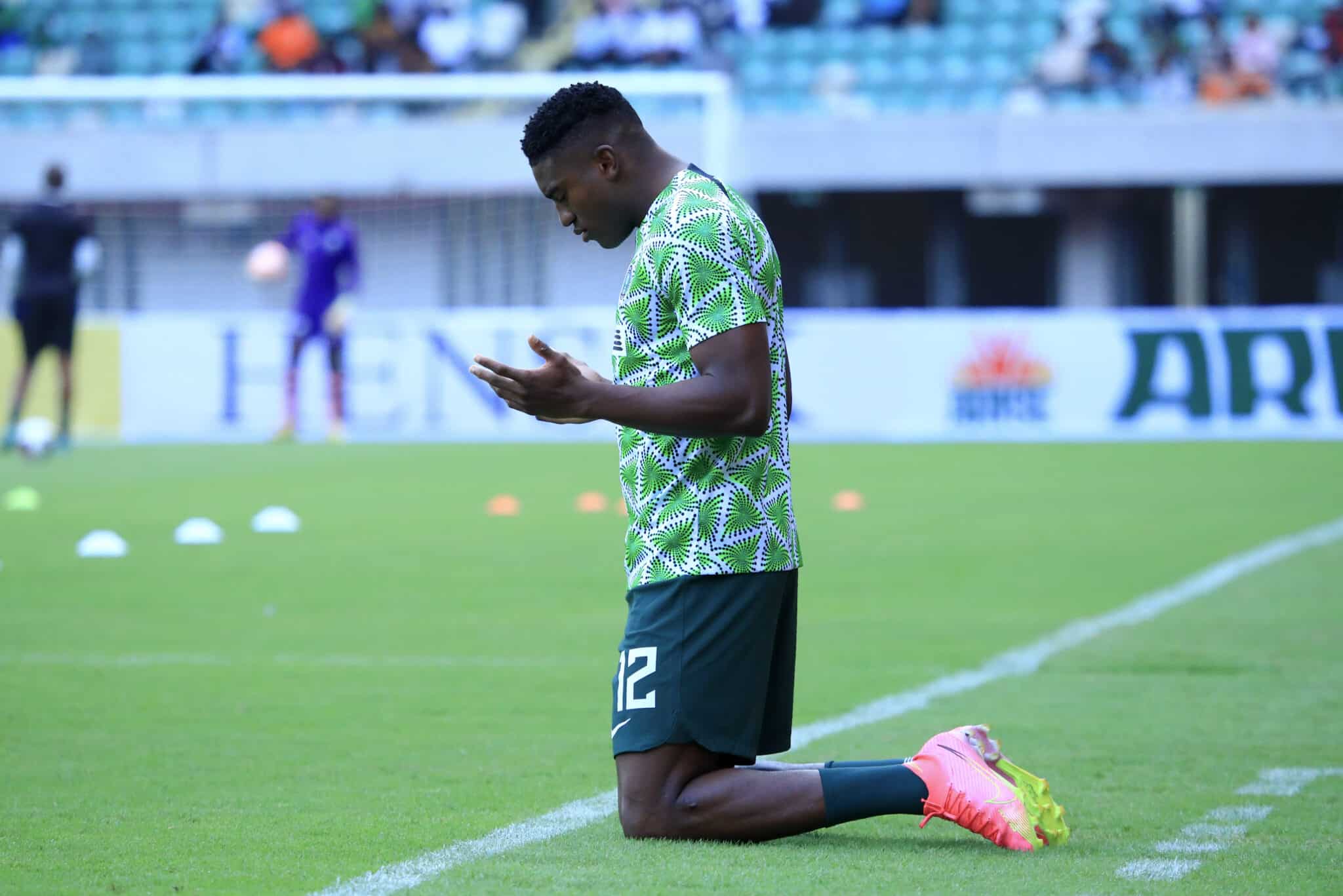 Taiwo Awoniyi praying ahead of a Nigeria National team game