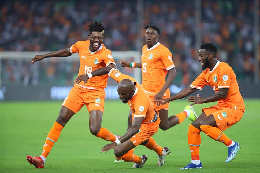 Ivory Coast players celebrate goal