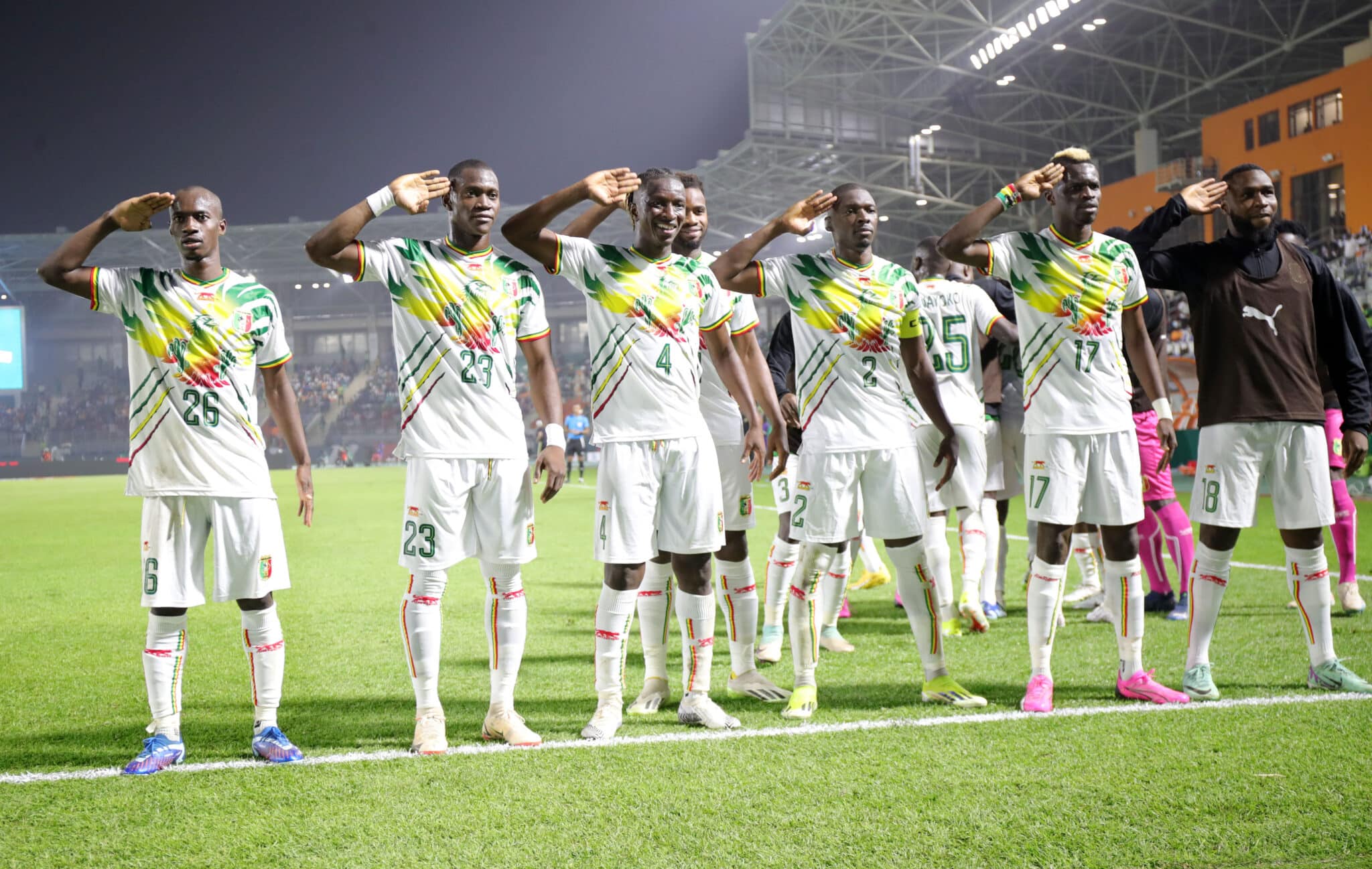 Hamari Traore of Mali celebrates goal with teammates during the 2023 Africa Cup of Nations Finals match between Mali and South Africa at Amadou Gon Coulibaly Stadium
