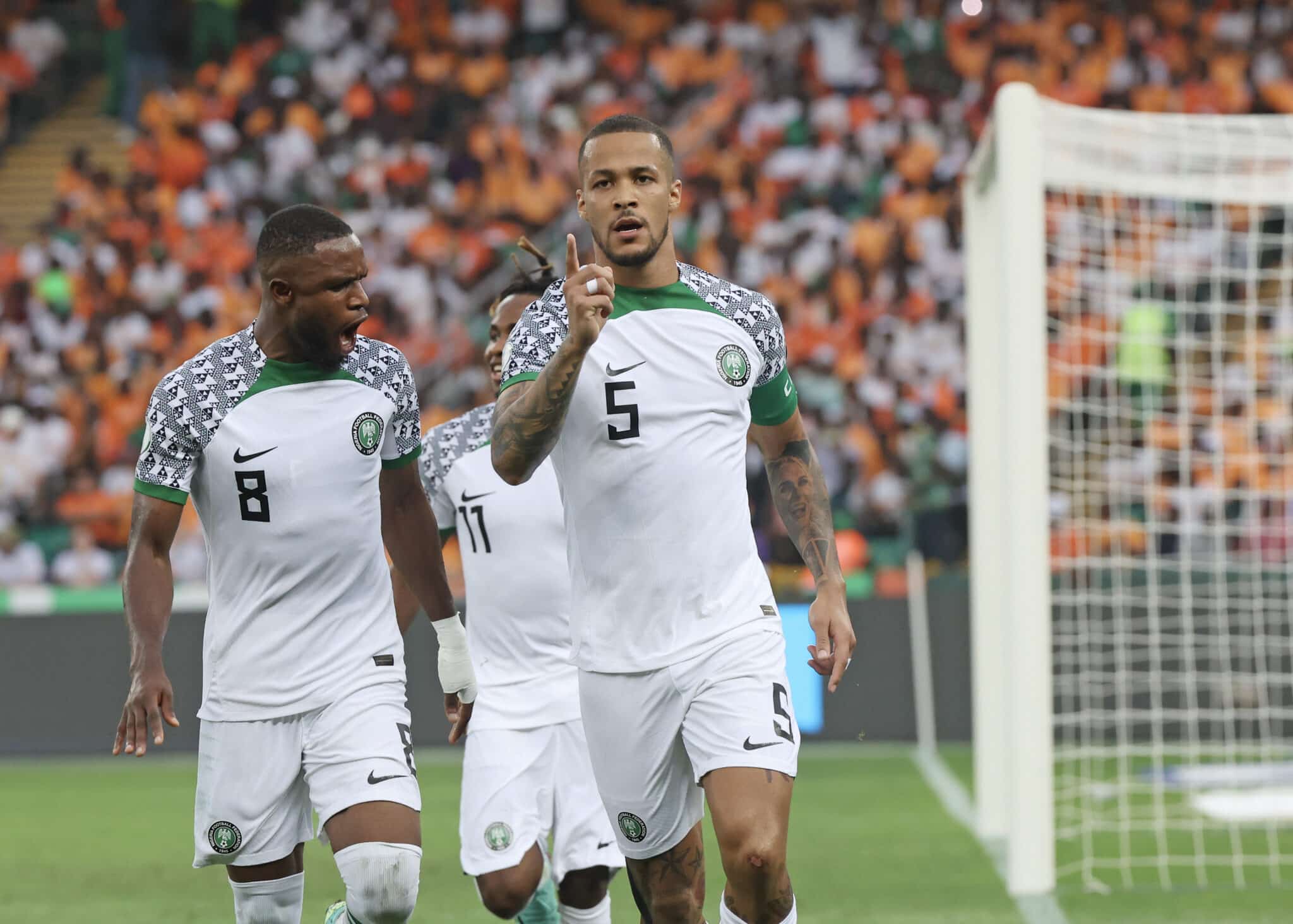 Super Eagles players celebrate scoring