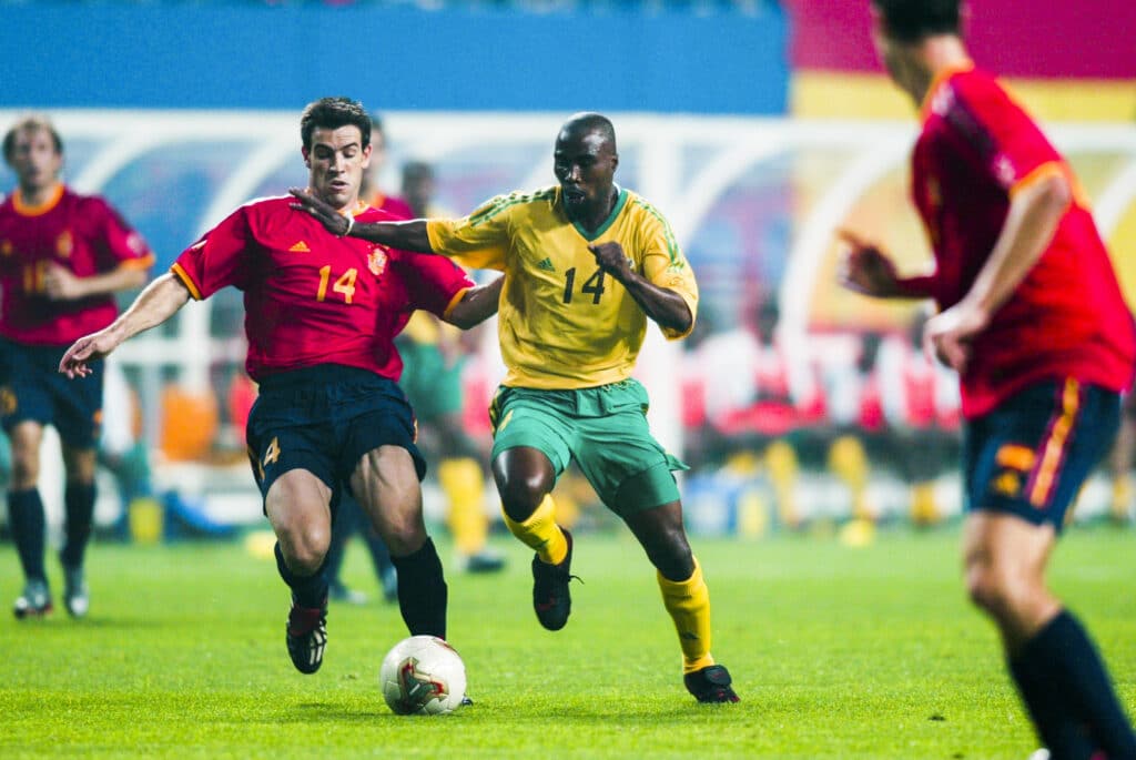 Bafana Bafana highest goal scorer in AFCON 3 Siyabonga NOMVETHE (South Africa) and ALBALDA (Spain) during the 2002 FIFA World Cup