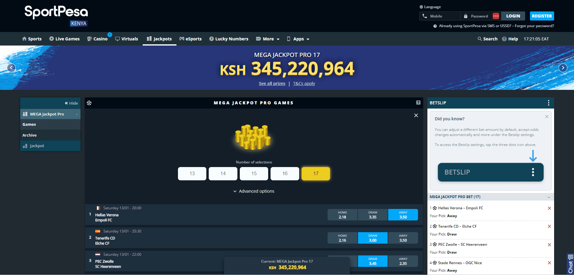 SportPesa Mega Jackpot betting interface
