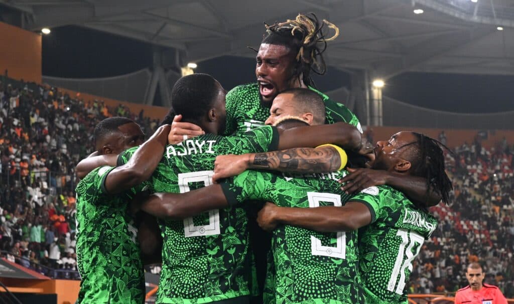 Super Eagles players celebrate goal