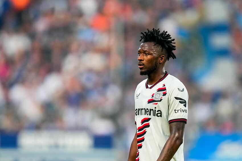 Nathan Tella in action for Bayer Leverkusen 