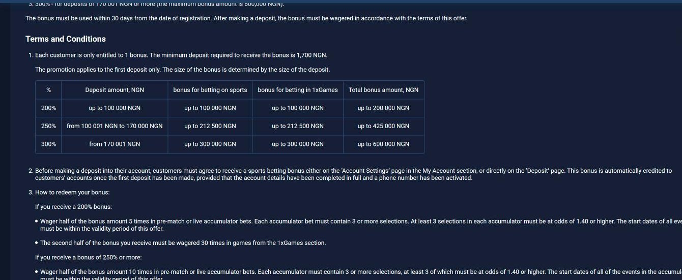 1xBet Promo Code Nigeria: GBL10 and Up to ₦600,000 (October 2026) 3 1xBet Nigeria first deposit bonus terms: 200%, 250% and 300% tiers by deposit amount in NGN