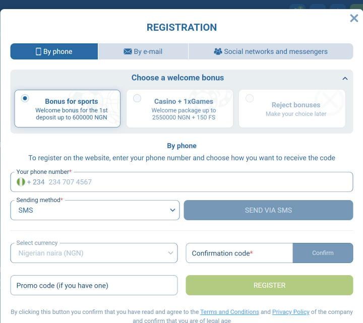 1xBet Promo Code Nigeria: GBL10 and Up to ₦600,000 (October 2026) 4 1xBet Nigeria registration form with +234 phone number, Nigerian naira currency and promo code field