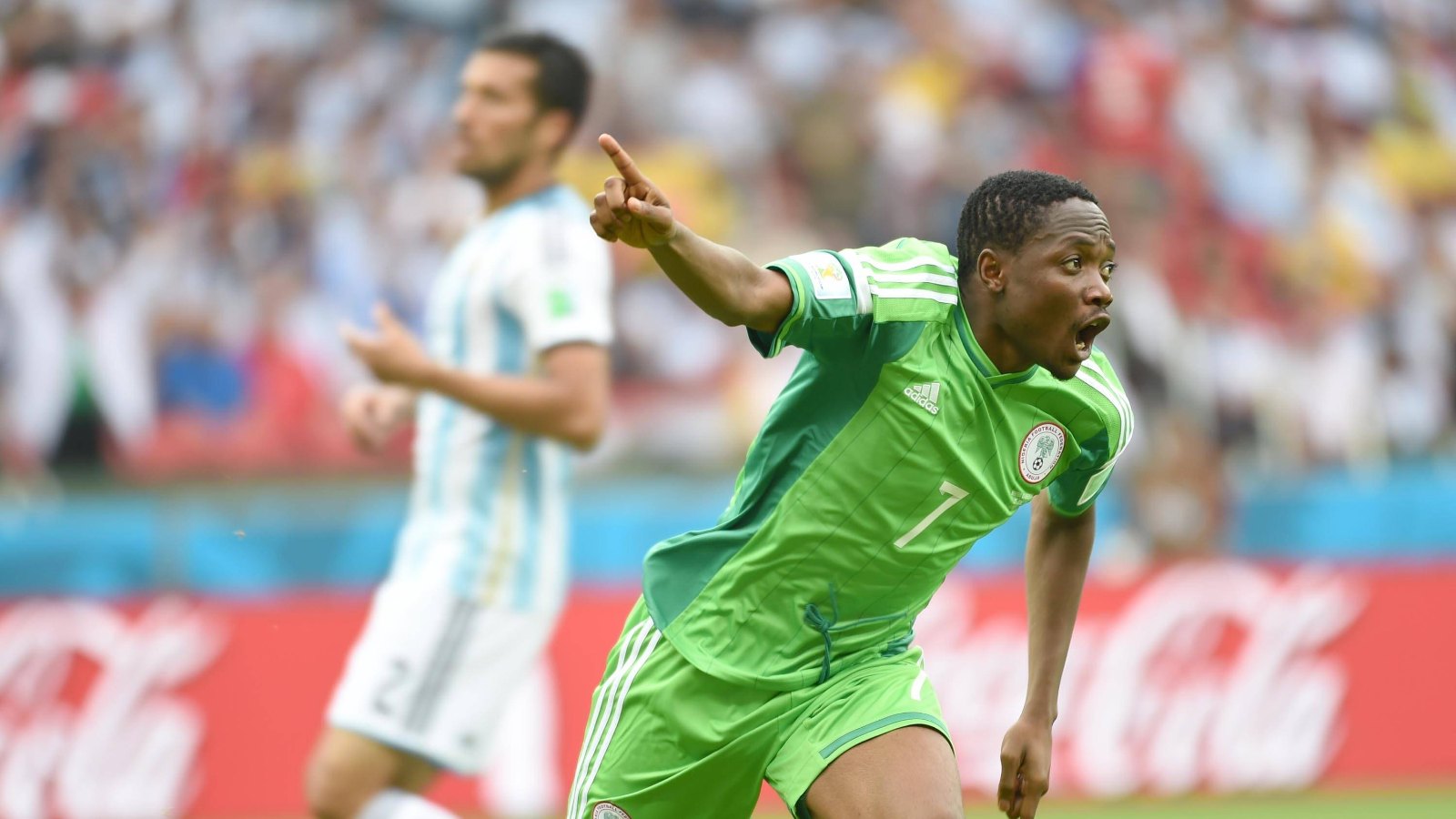 Ahmed Musa celebrates against Argentina, 2014 World Cup Nigeria 2014 World Cup squad: Keshi’s Super Eagles in Brazil