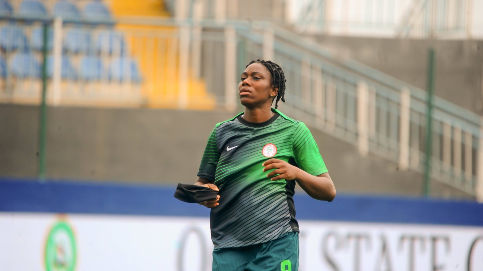 Asisat Oshoala with the Super Falcons before the friendly against Senegal in Ikenne, June 2026