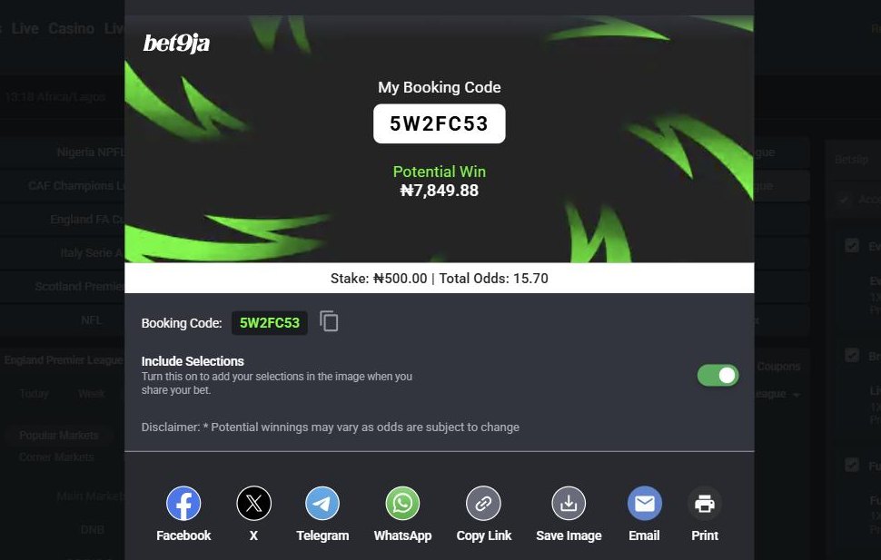 How To Play Bet9ja: A Practical Step-by-Step Guide 5 Bet9ja betslip showing the booking code option