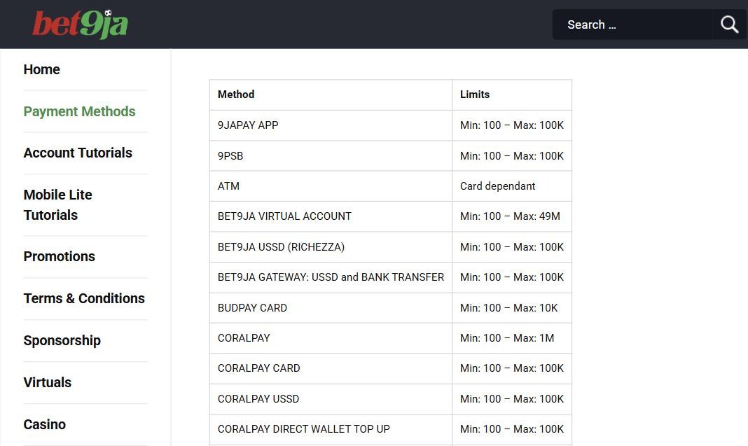 Bet9ja deposit page with the available payment methods