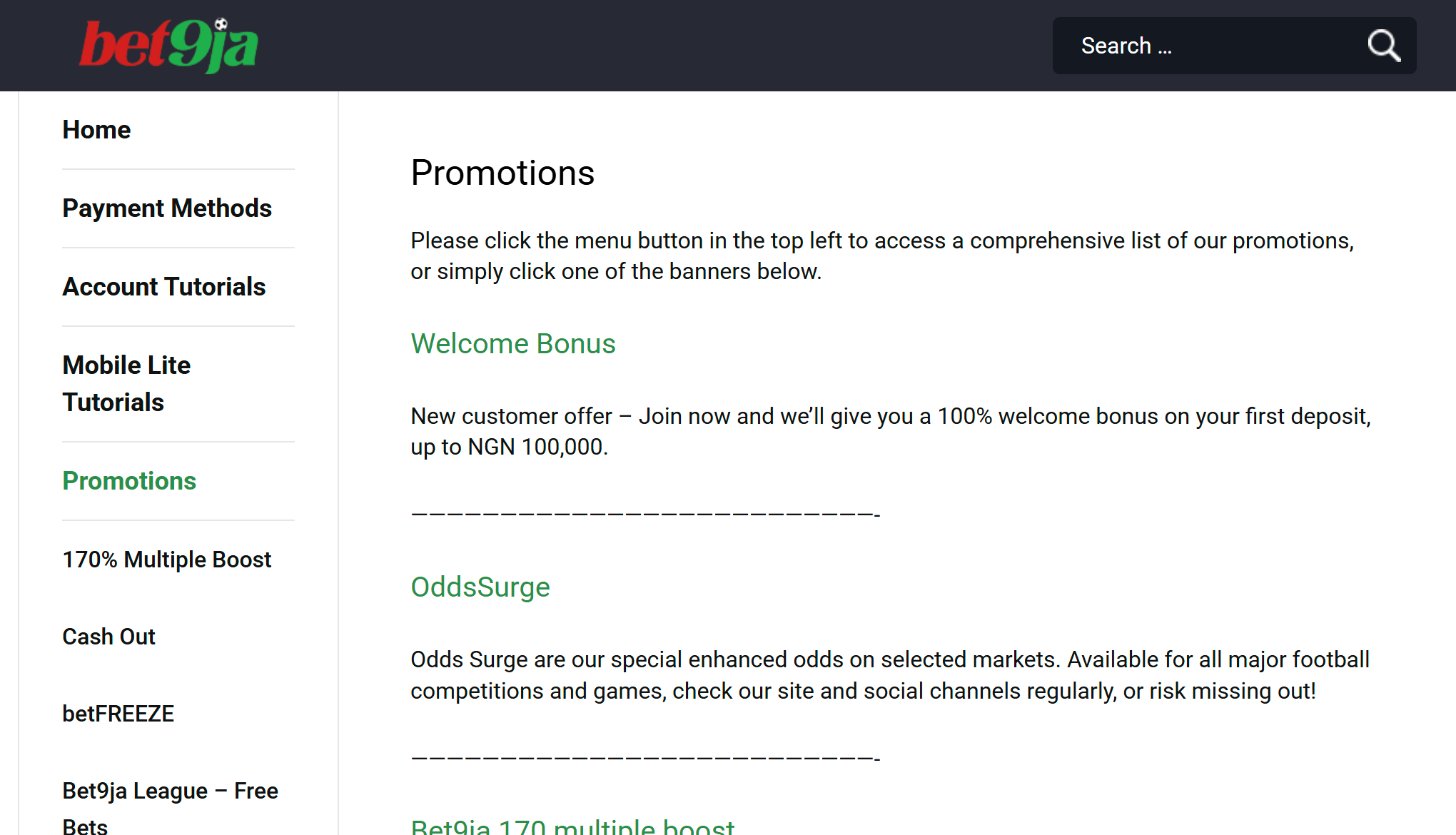Bet9ja help centre promotions page with the welcome bonus of 100% on the first deposit, up to NGN 100,000