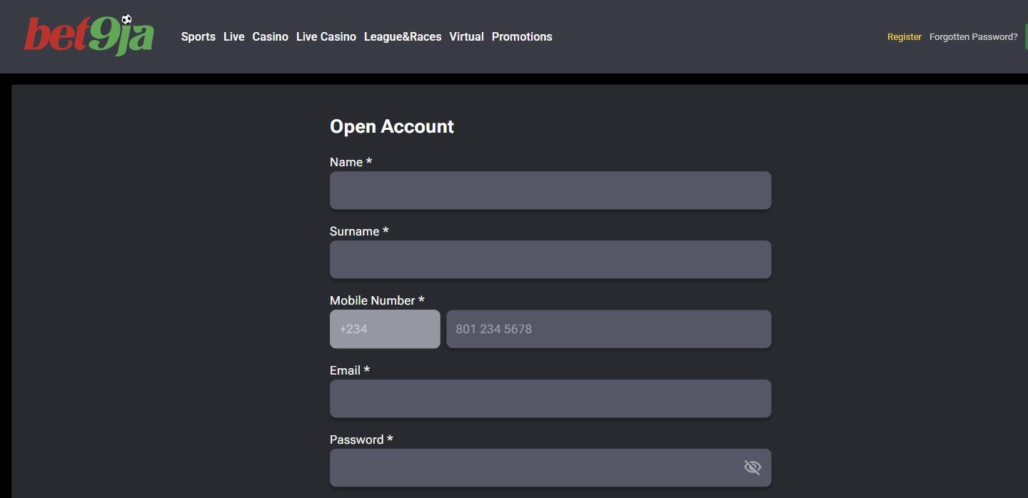 Bet9ja registration form for new customers in Nigeria