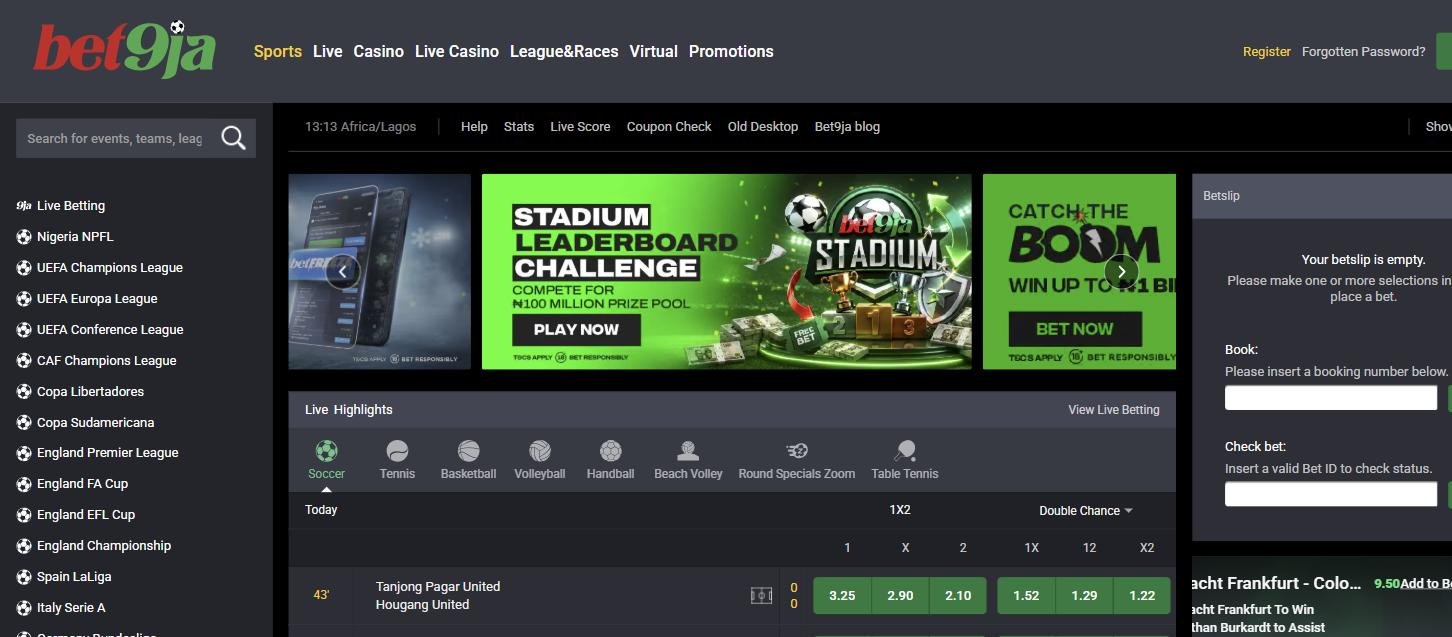 Bet9ja sportsbook home page in Nigeria with featured football matches and odds