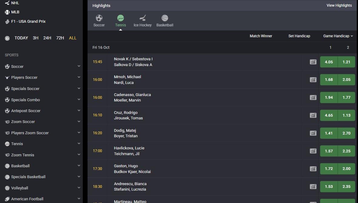 Bet9ja tennis betting page with match odds