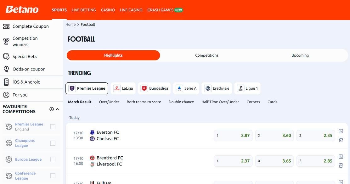 Betano Nigeria football page with Premier League match odds