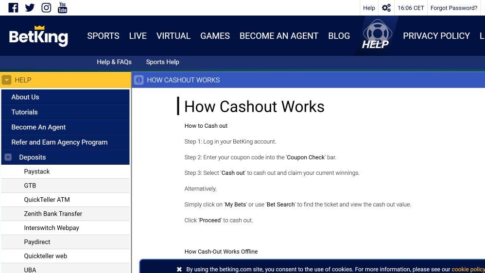 BetKing help page explaining how Cashout works
