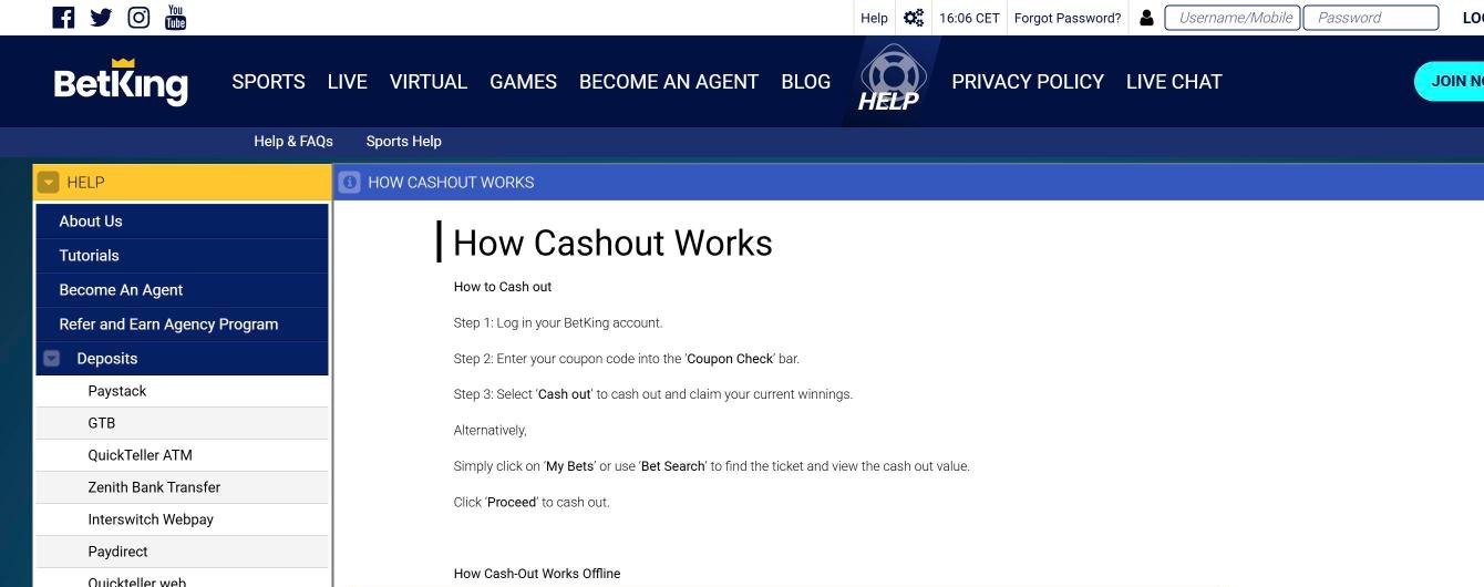 BetKing help page explaining how Cashout works