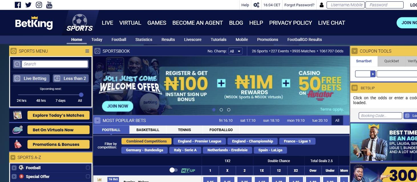 BetKing sportsbook in Nigeria with football matches and odds