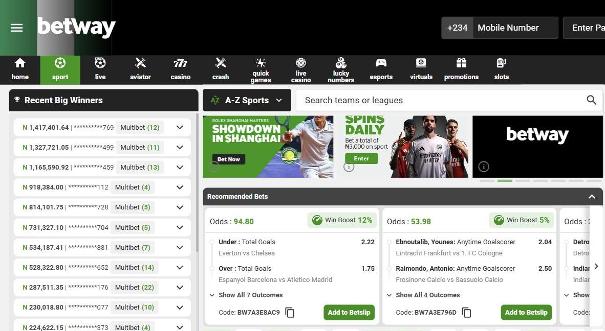 Betway Nigeria soccer page with recommended bets and odds