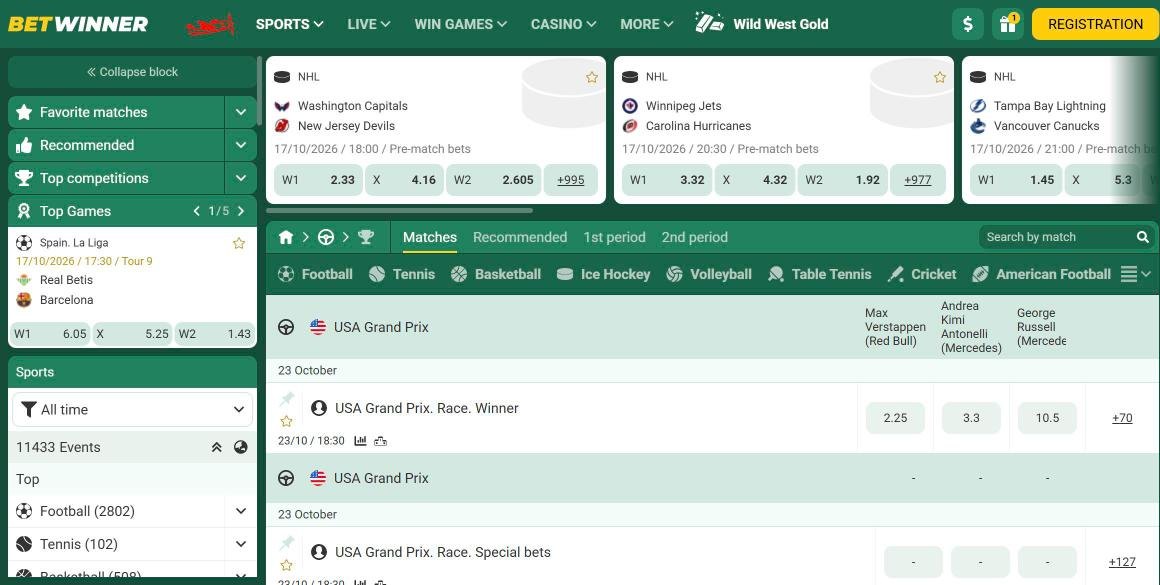 Betwinner Nigeria Formula 1 betting page with USA Grand Prix odds
