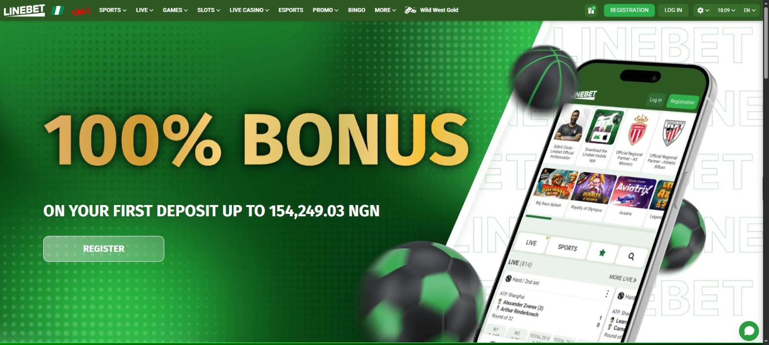 Linebet first deposit page showing a 100% bonus up to 154,249.03 NGN, viewed from Nigeria on 13 October 2026