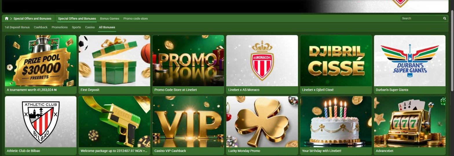 Linebet promotions page in Nigeria listing a 41,353,024 naira free bet tournament, the first deposit bonus, the promo code store and club partnerships