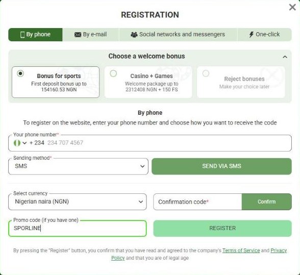 Linebet registration form with the sports bonus selected, Nigerian naira as currency and SPORLINE typed in the promo code field