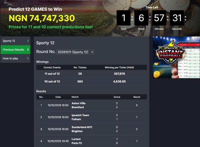 How to Win Jackpot in SportyBet: Sporty 12 Rules and Prizes 3 SportyBet Sporty 12 previous results for round 20261011
